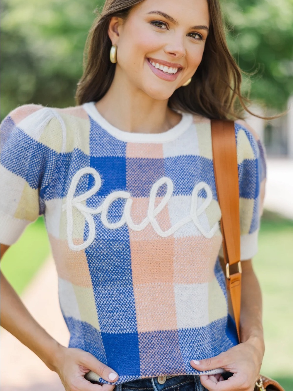 “Fall” Plaid Crewneck Sweater - Blue/Orange/Yellow